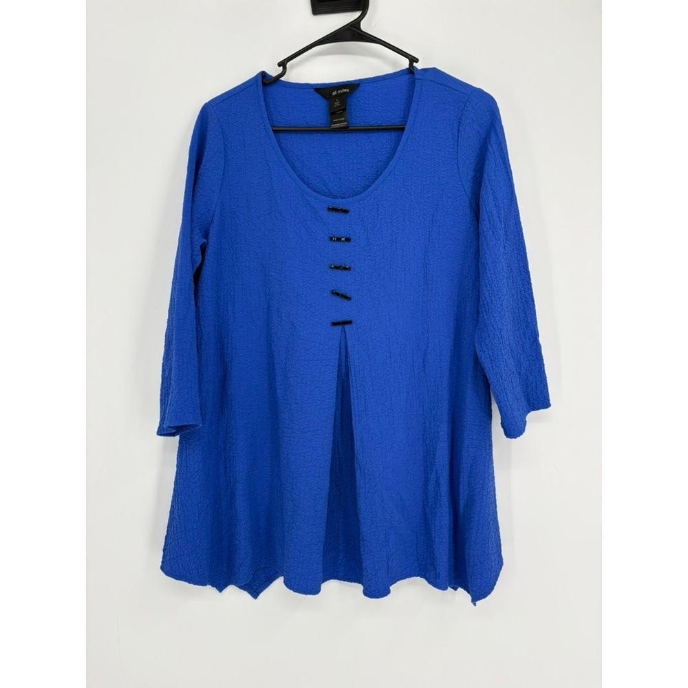 Ali Miles Tunic Womens S Blue Puckered Textured 3/4 Sleeve A-Line Scoop Neck Top